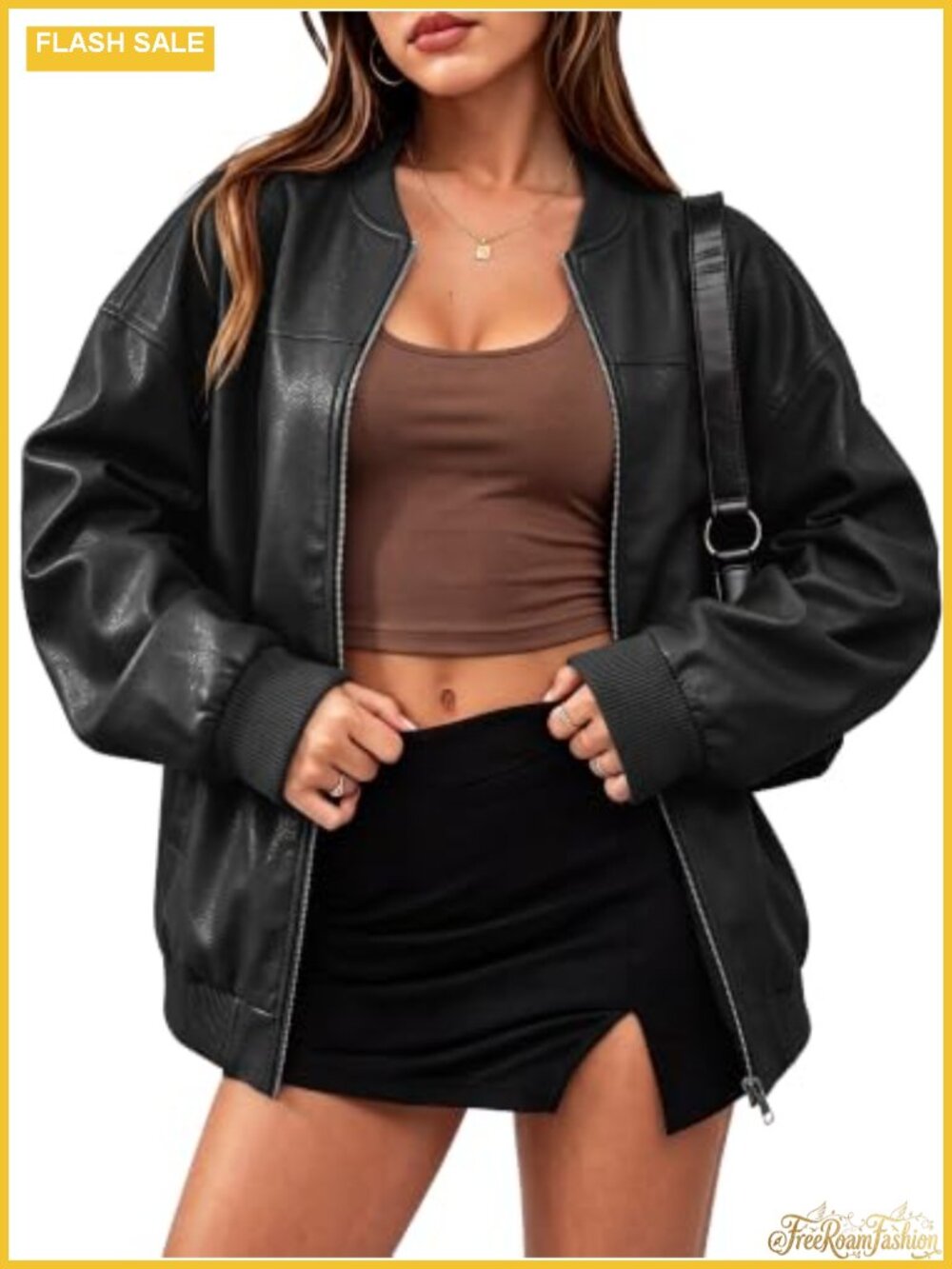 Oversized Faux Leather Bomber Jacket Batwing Sleeve Fall Outfit